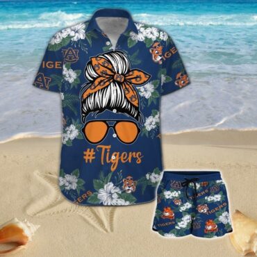 Auburn Tigers Girl Messy Bun Short Sleeve Button Up Tropical Hawaiian Shirt