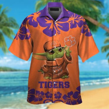 Clemson Tigers Baby Yoda Short Sleeve Button Up Tropical Hawaiian Shirt