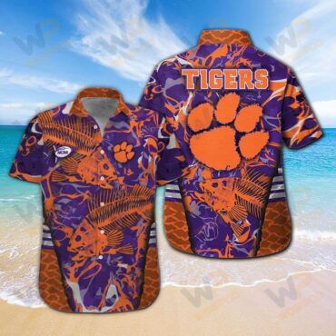 Clemson Tigers Fishing Short Sleeve Button Up Tropical Hawaiian Shirt