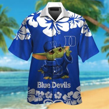 Duke Blue Devils Baby Yoda Short Sleeve Button Up Tropical Hawaiian Shirt