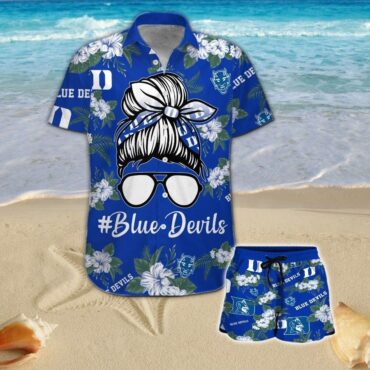 Duke Blue Devils Girl Messy Bun Short Sleeve Button Up Tropical Hawaiian Shirt