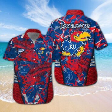 Kansas Jayhawks Fishing Short Sleeve Button Up Tropical Hawaiian Shirt