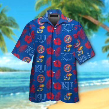 Kansas Jayhawks Short Sleeve Button Up Tropical Hawaiian Shirt
