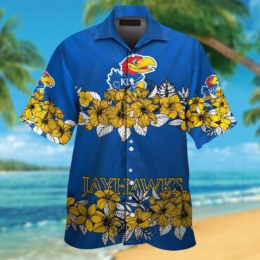 Kansas Jayhawks Short Sleeve Button Up Tropical Hawaiian Shirt