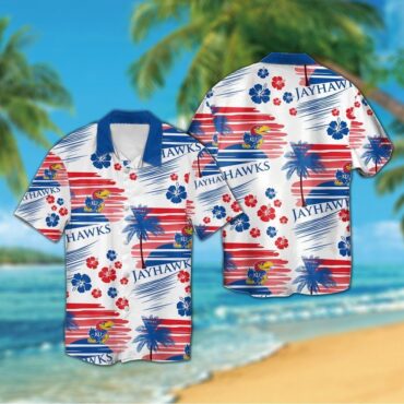 Kansas Jayhawks Short Sleeve Button Up Tropical Hawaiian Shirt