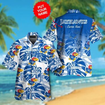 Kansas Jayhawks Short Sleeve Button Up Tropical Hawaiian Shirt