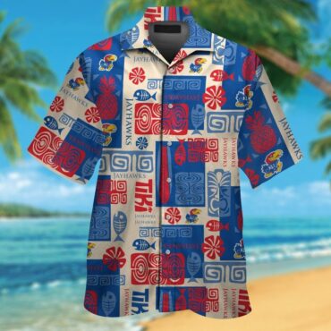 Kansas Jayhawks Short Sleeve Button Up Tropical Hawaiian Shirt