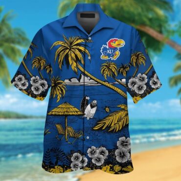 Kansas Jayhawks Short Sleeve Button Up Tropical Hawaiian Shirt
