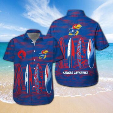 Kansas Jayhawks Short Sleeve Button Up Tropical Hawaiian Shirt