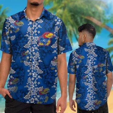 Kansas Jayhawks Short Sleeve Button Up Tropical Hawaiian Shirt