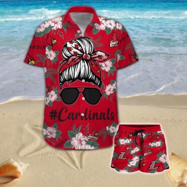 Louisville Cardinals Girl Messy Bun Short Sleeve Button Up Tropical Hawaiian Shirt