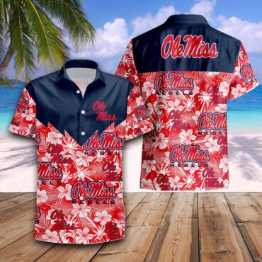 Ole Miss Rebels Red Tropical Flowers Blue Trendy Hawaiian Shirt Aloha Shirt