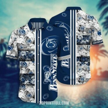 Penn State Nittany Lions White Flowers Blue Hawaiian Shirt V3 Aloha Shirt