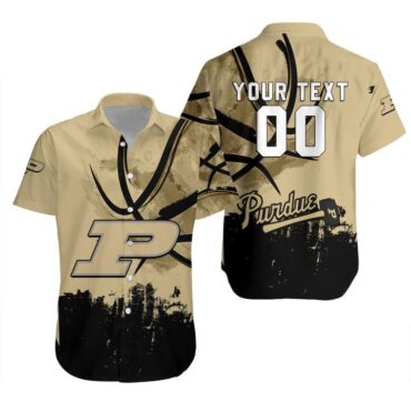 Purdue Boilermakers Custom Text Number Gold Black Trendy Hawaiian Shirt V13 Aloha Shirt