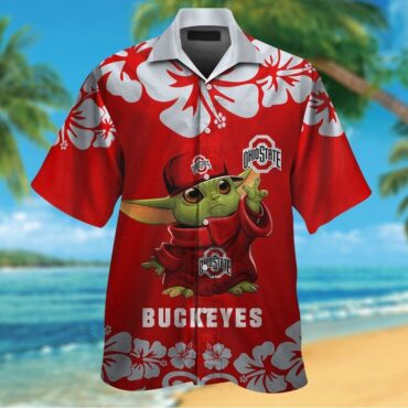 Ohio State Buckeyes Baby Yoda Short Sleeve Button Up Tropical Hawaiian Shirt