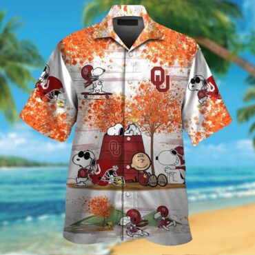 Oklahoma Sooners Snoopy Autumn Short Sleeve Button Up Tropical Hawaiian Shirt