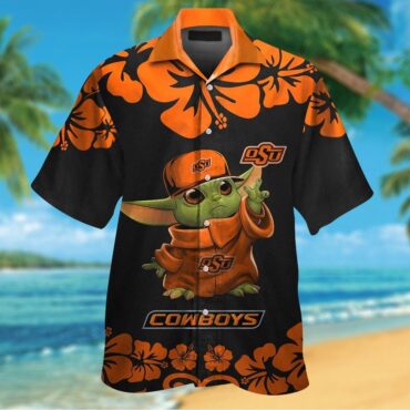 Oklahoma State Cowboys Baby Yoda Short Sleeve Button Up Tropical Hawaiian Shirt