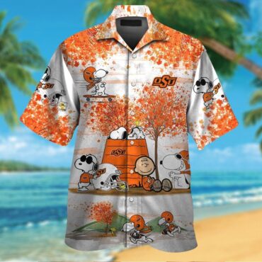 Oklahoma State Cowboys Snoopy Autumn Short Sleeve Button Up Tropical Hawaiian Shirt