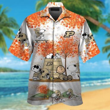 Purdue Boilermakers Snoopy Autumn Short Sleeve Button Up Tropical Hawaiian Shirt