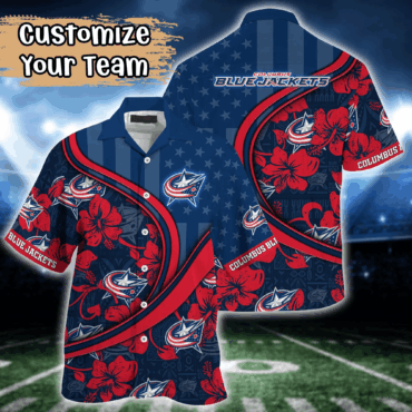 Columbus Blue Jackets Nhl Us Flag Hawaiian Shirt Custom Summer Aloha Shirt