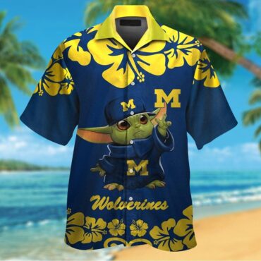 Michigan Wolverines Baby Yoda Short Sleeve Button Up Tropical Hawaiian Shirt