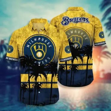 Milwaukee Brewers Trendy Hawaiian Shirt Milwaukee Brewers Symbol Palm Trees Vintage Hawaii Shirt