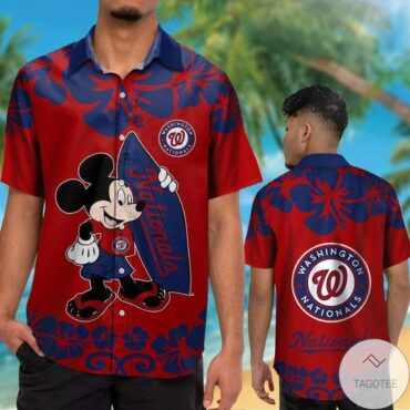 Alternative view of Washington Nationals Mickey Mouse Short Sleeve Button Up Tropical Hawaiian Shirt