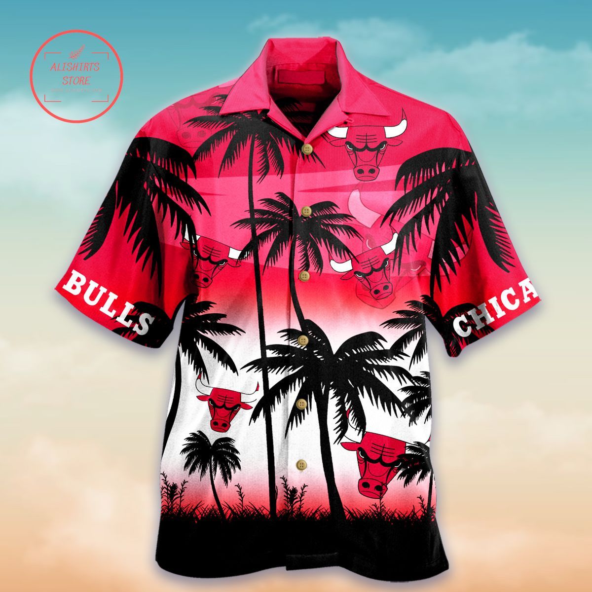 Chicago Bulls Coconut Trees Sunrise Hawaiian Shirt
