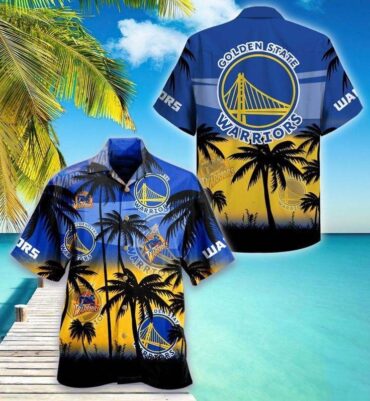 Golden State Warriors Blue Yellow Palm Trees Hawaiian Shirt