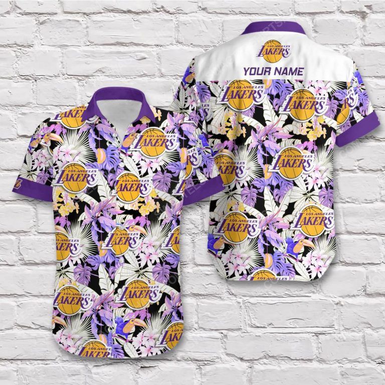 Los Angeles Lakers Custom Name Purple White Tropical Flowers Hawaiian Shirt