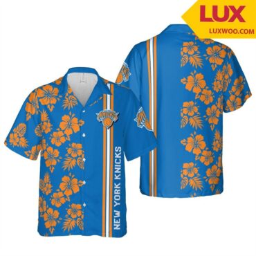 New York Knicks Orange Blue Hibiscus Tropical Flowers New Design Hawaiian Shirt