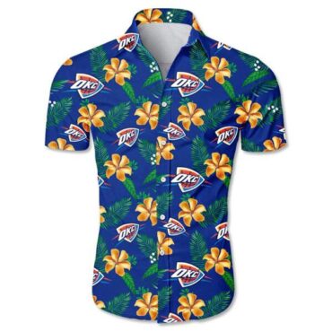 Oklahoma City Thunder Gold Hibiscus Green Leaves Hawaiian Shirt