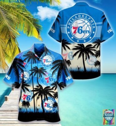 Philadelphia 76ers Blue Palm Trees Hawaiian Shirt