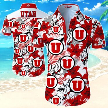 Utah Utes Red White Tropical Flowers Hawaiian Shirt