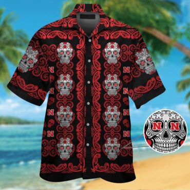 Nebraska Cornhuskersskull Short Sleeve Button Up Tropical Hawaiian Shirt