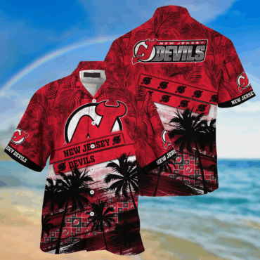 New Jersey Devils NHL Palm Tree Pattern Hawaii Shirt For Sports Fans Unisex Sport Hawaii Shirt
