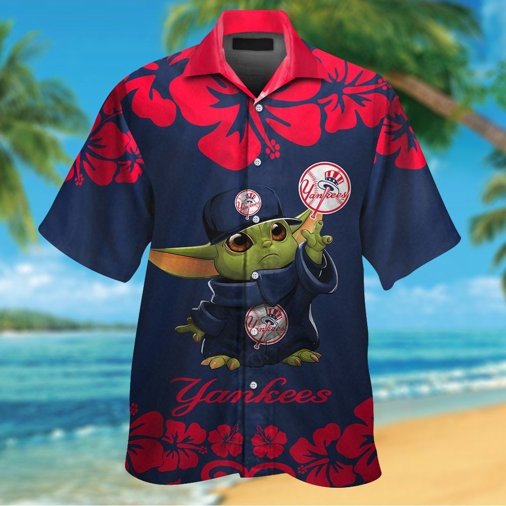New York Yankees Baby Yoda Short Sleeve Button Up Tropical Hawaiian Shirt