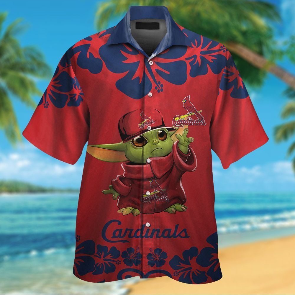 St. Louis Cardinals Baby Yoda Short Sleeve Button Up Tropical Hawaiian Shirt