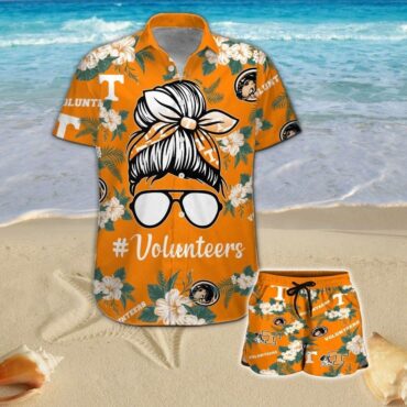 Tennessee Volunteers Girl Messy Bun Short Sleeve Button Up Tropical Hawaiian Shirt