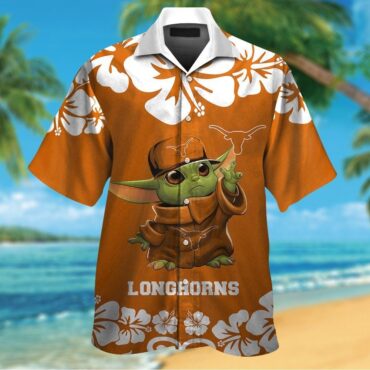 Texas Longhorns Baby Yoda Short Sleeve Button Up Tropical Hawaiian Shirt