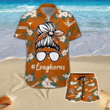 Texas Longhorns Girl Messy Bun Short Sleeve Button Up Tropical Hawaiian Shirt