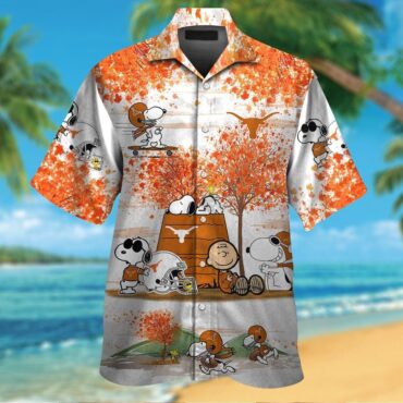 Texas Longhorns Snoopy Autumn Short Sleeve Button Up Tropical Hawaiian Shirt