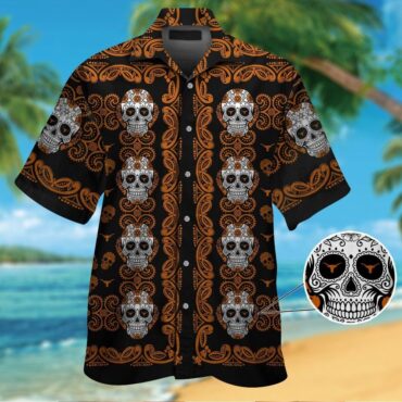 Texas Longhorns Skull Short Sleeve Button Up Tropical Hawaiian Shirt